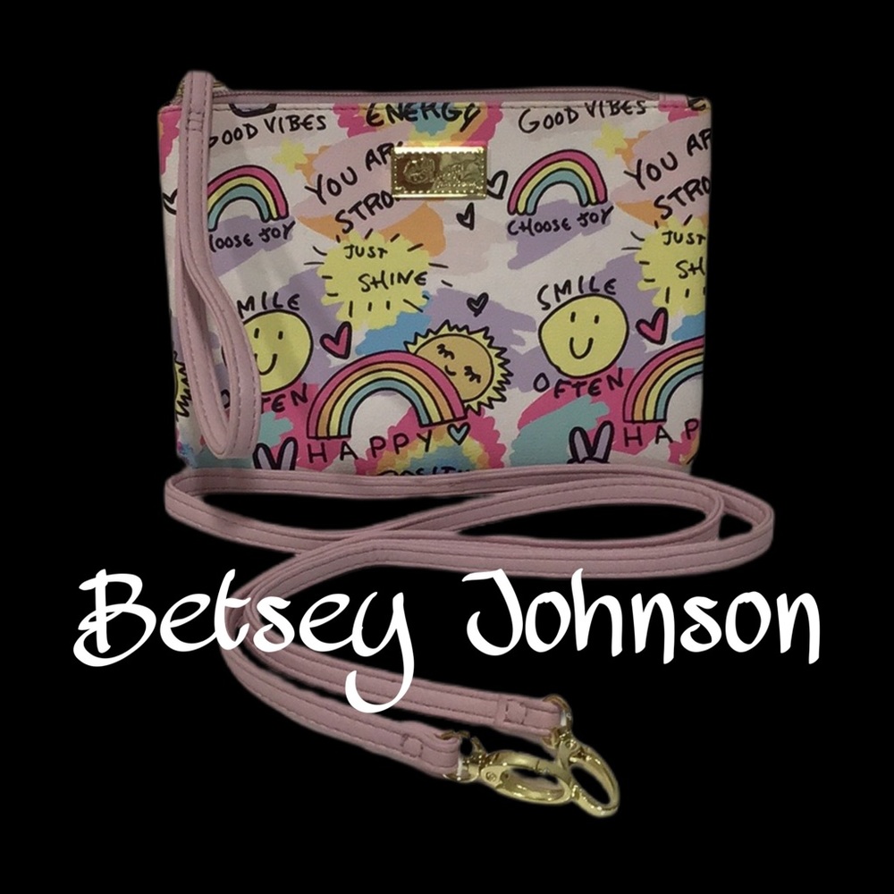 Betsey Johnson “Luv Betsey” Rainbows, Faux Leather Crossbody/Wristlet, Pastels